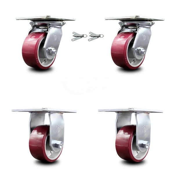 4 Inch Poly on Aluminum Caster Set with Ball Bearing 2 Swivel Lock and 2 Rigid